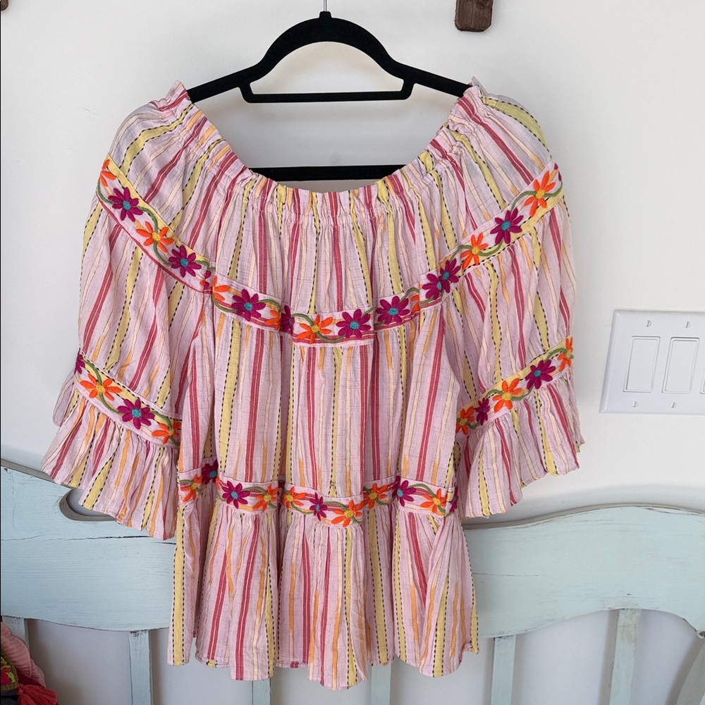 ivy jane Pink Striped Embroidered Peasant Tunic